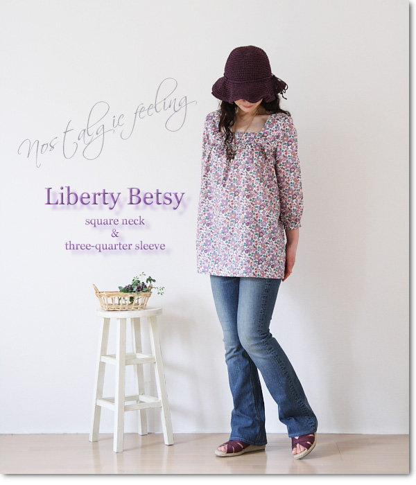 【LIBERTY Betsy】リバティ ベッツィ 七分袖スクエアネック ギャザーチュニック