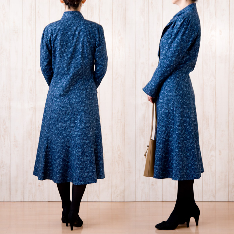 moda Japan ウィリアム・モリス コレクション 仕立て 和モダン ボーカラーワンピース アンブレラスリーブ ＆ 極みフレアスカート