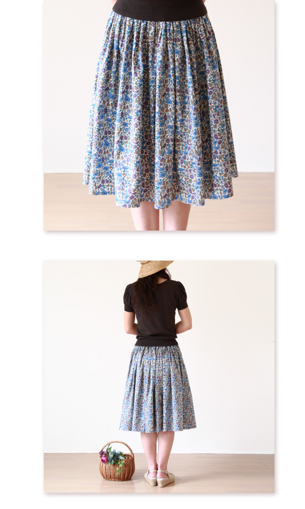 【LIBERTY Poppy & Daisy】 リバティ ポピーアンドデイジー  ブルー系 ギャザースカート